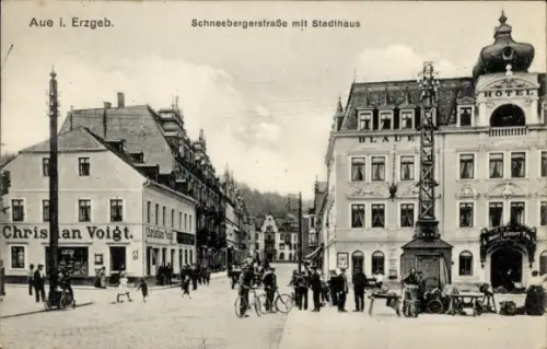 Ak Aue im Erzgebirge Sachsen,  Schneebergerstraße, Stadthaus, Christian Voigt, Hotel Blaue