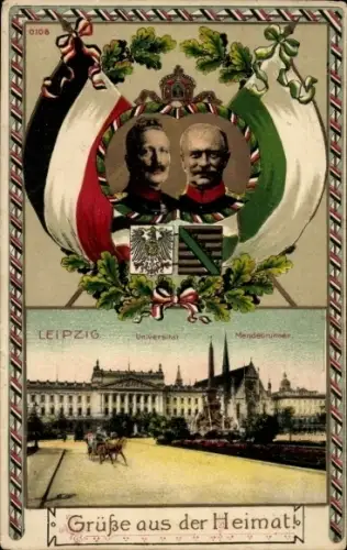 Ak Leipzig, Universität, Kaiser Wilhelm II., König Friedrich August III.