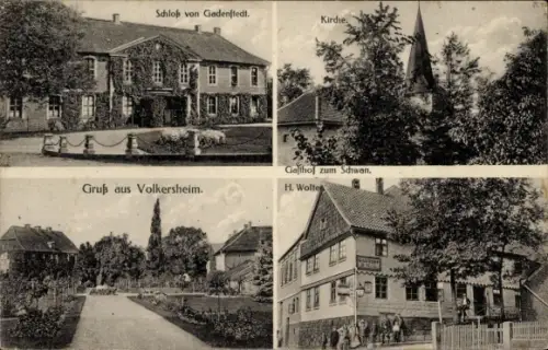 Ak Volkersheim Bockenem Niedersachsen, Schloss von Gadenstedt, Kirche, Gasthof zum Schwan,  H. Wol