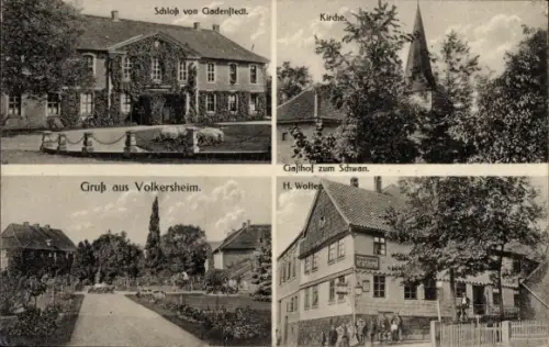 Ak Volkersheim Bockenem Niedersachsen, Schloss von Gadenstedt, Kirche, Gasthof zum Schwan, H. Wolt