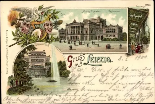 Litho Leipzig in Sachsen, Neues Theater, Café, Restaurant, Schwanenteich, Terrasse