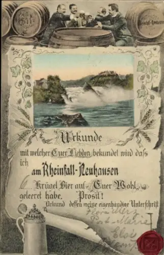Passepartout Ak Neuhausen am Rheinfall Kanton Schaffhausen, Urkunde, Bierfässer