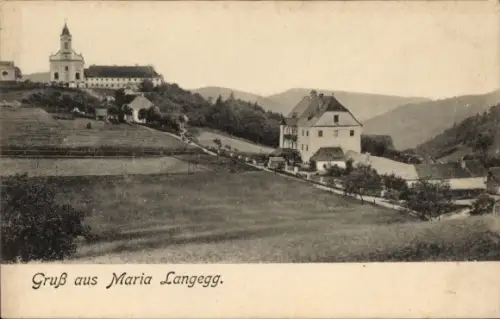 Ak Maria Langegg Niederösterreich, Kirche mit Turm auf Hügel, Klosterkomplex, großes Haus am Hang