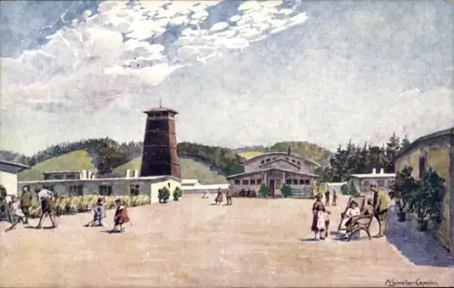 Ak Wieselburg an der Erlauf Niederösterreich, Platz mit Holzturm, niedrige Pavillons, Personen, B