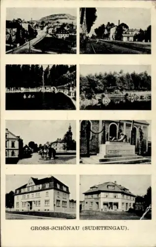 Ak Velký Šenov Groß Schönau in Böhmen Region Aussig, Teilansichten, Bahnhof, Denkmal