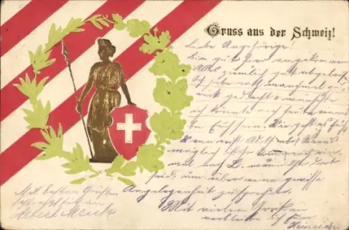 Präge Ak Schweiz, Helvetia, Wappen, Eichen- und Lorbeerkranz