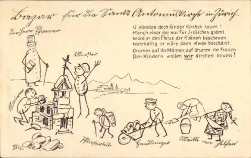 Künstler Ak Bazar für die St. Antonius-Kirche in Zürich, O könnten doch Kinder Kirchen bauen