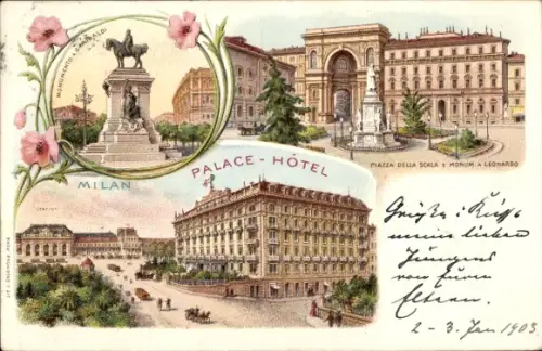 Litho Milano Mailand Lombardia, Palace Hotel, Piazza della Scala, Stazione, Monumento