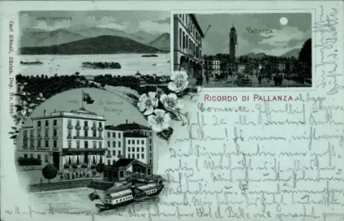 Mondschein Litho Pallanza Lago Maggiore Piemonte, Hotel St. Gotthard, Platz, Isole Borromeo