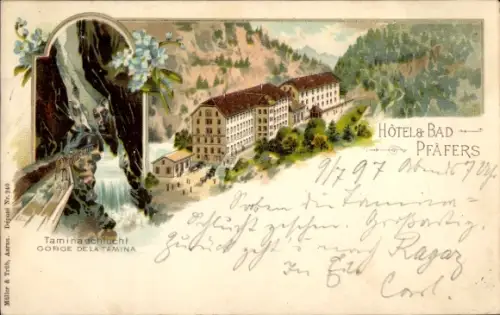 Litho Pfäfers Kanton Sankt Gallen, Taminaschlucht, Hotel und Bad