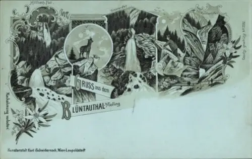 Mondschein Litho Golling an der Salzach in Salzburg, Gruß aus dem Bluntauthal