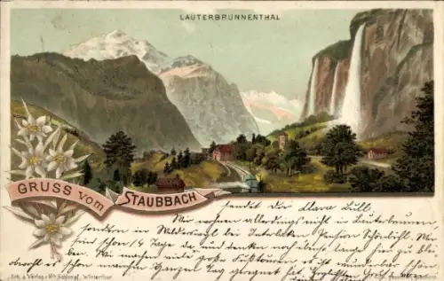Litho Lauterbrunnen Kanton Bern, Lauterbrunnental, Staubbach, Wasserfall