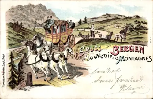 Litho Gruß aus den Schweizer Bergen, Postkutsche im Gebirge, Ziegenhirte