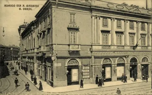 Ak Milano Mailand Lombardia, Via A. Manzoni, Via G. Verdi, Café Cova, Piazza della Scala