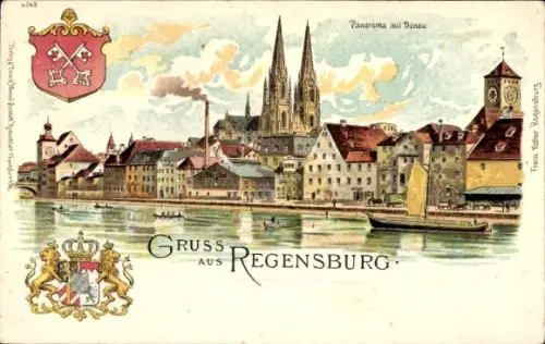 Litho Regensburg an der Donau Oberpfalz, Teilansicht, Wappen