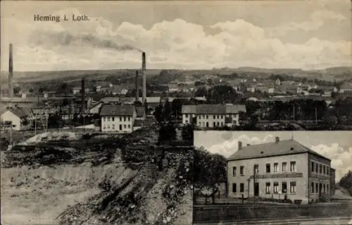 Ak Héming Lothringen Moselle, Panorama, Fabrik, Gasthaus