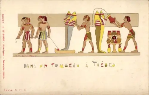 Litho Theben Ägypten, Wandmalereien einer Grabstätte