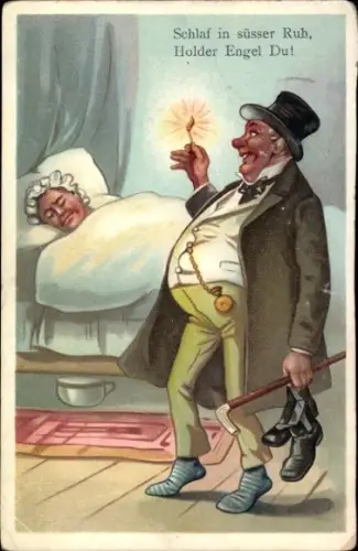 Künstler Ak Dicker Mann kommt nach Hause, schlafende Ehefrau