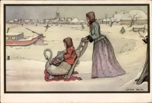 Künstler Ak Pieck, Anton, Mutter mit Kind, Schlitten, Schwan