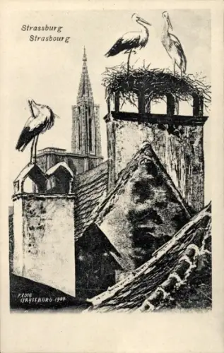 Ak Strasbourg Straßburg Elsass Bas Rhin, Storchennest auf Schornstein, Störche