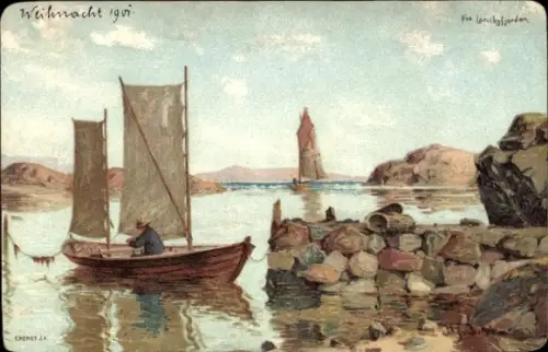 Künstler Ak Norwegen, Leirvik-Fjord, Segelboot