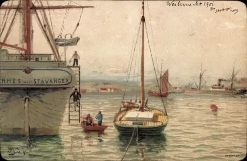 Künstler Ak Stavanger Norwegen, Schiffe im Hafen