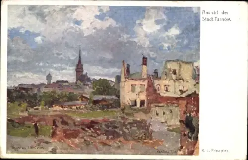 Künstler Ak Prinz, K. L., Tarnów Tarnau Polen, Stadtansicht, Kriegszerstörungen, I WK
