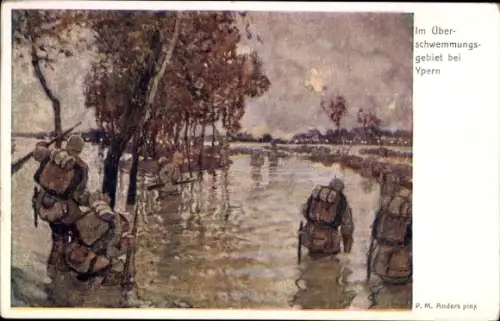 Künstler Ak Anders, P. M., Ypres Ypern Flandern, Deutsche Soldaten im Überschwemmungsgebiet