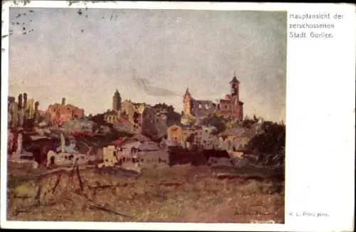 Künstler Ak Prinz, K L., Gorlice Polen, Hauptansicht der zerschossenen Stadt