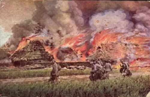Ak Brennendes Dorf in Russisch-Polen, Weltkrieg 1914-1915