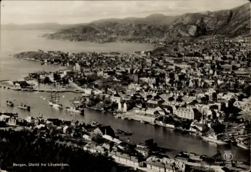 Ak Bergen Norwegen,  Aussicht vom Løvstakken, Hafen