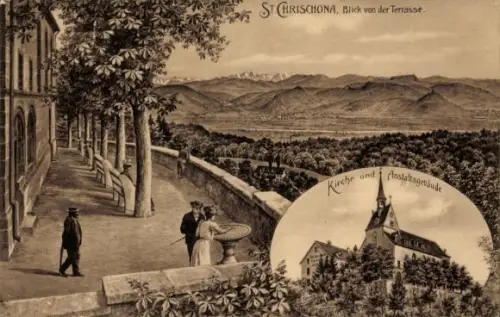 Ak Bettingen Kt. Basel Stadt, Berg Sankt Chrischona, Kirche, Anstaltsgebäude, Blick von der Terrasse
