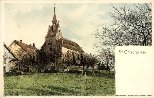 Künstler Litho Daur, H.,Bettingen Kanton Basel Stadt, Berg Sankt Chrischona, Kirche