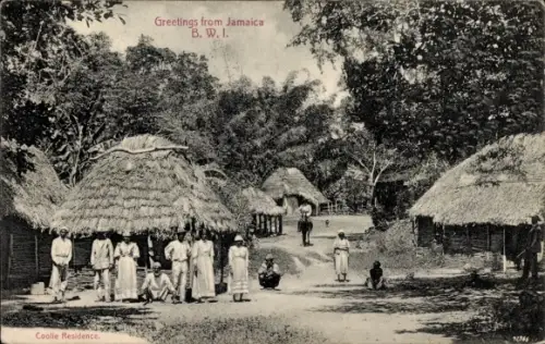 Ak Jamaica Jamaika B.W.I., Coolie-Dorf, Hütten, Einwohner
