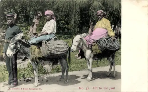 Ak Jamaica, Off to the Jaol, Frauen auf Eseln, Polizist, coloriert