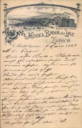 Litho Zürich Stadt Schweiz, Hotel Baur au Lac