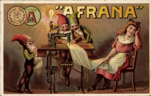 Künstler Ak Afrana, Nähmaschinen-Fabrik, Reklame, Zwerge