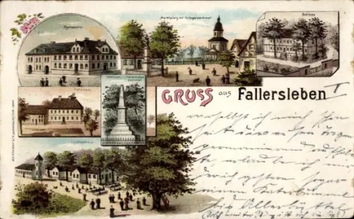 Litho Fallersleben Wolfsburg, Ratskeller, Marktplatz, Kriegerdenkmal, Schloss, Schützenhaus