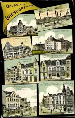 Litho Wiesdorf Leverkusen am Rhein, Farbenfabriken, Kaufhaus, Rathaus, Geschäftshäuser, Schule