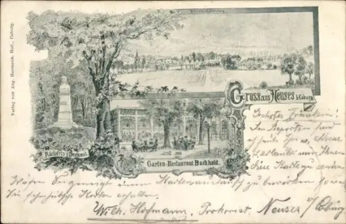 Litho Neuses Coburg in Oberfranken, Panorama, Garten-Restaurant Buchhold, Rückerts Denkmal
