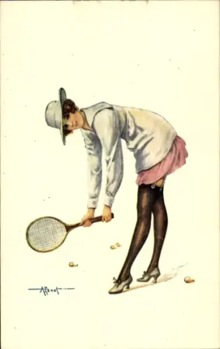 Ak Dame spielt Tennis, Tennisschläger, Damenhut, Tennisbälle