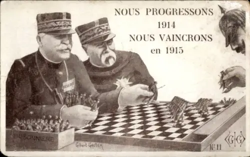 Ak Nous Progressons 1914, Nous Vaincrons, Joffre, Guillaume II., Échecs, Schach, Kriegsgefangene