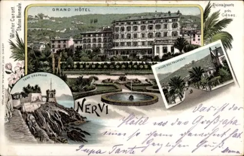 Litho Nervi Genova Genua Liguria, Grand Hotel, Palmenallee, Torre Gropallo