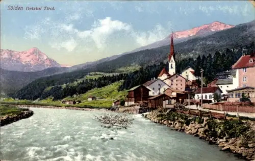 Ak Sölden in Tirol, Sölden Oetztal Tirol, Fluss, Berge, Kirche, Häuser