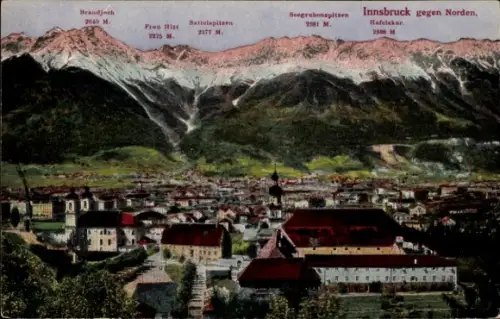 Ak Innsbruck in Tirol, Beschriftete Bergkette mit Schnee, Stadtpanorama mit Kirchen, Häusern, Str