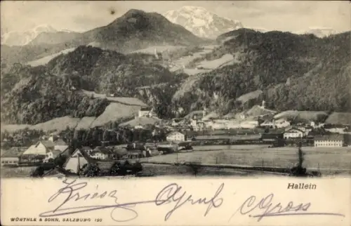 Ak Hallein in Salzburg, Bergpanorama, Tal mit Dorf und Kirchturm, Felder im Vordergrund, gedruckt