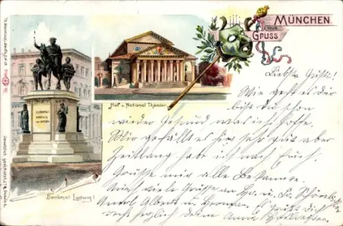 Litho München, Hof, Nationaltheater, Denkmal Ludwig I