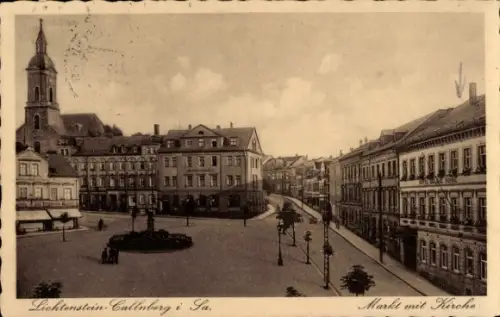 Ak Callnberg Lichtenstein in Sachsen, Markt mit Kirche, Hotel Goldene Sonne, Geschäft Fr. Hering