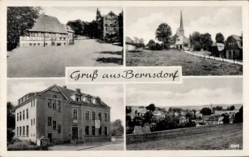 Ak Bernsdorf in Sachsen, Panorama, Teilansichten, Kirche, Gebäude