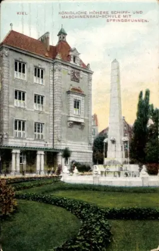Ak Kiel,  Königliche höhere Schiff- und Maschinenbau-Schule, Springbrunnen